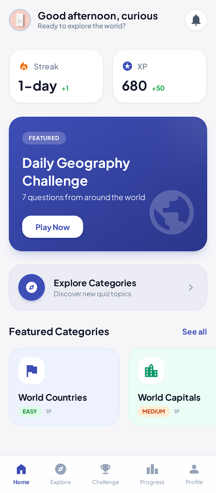 MapMastery home screen showing daily geography challenge